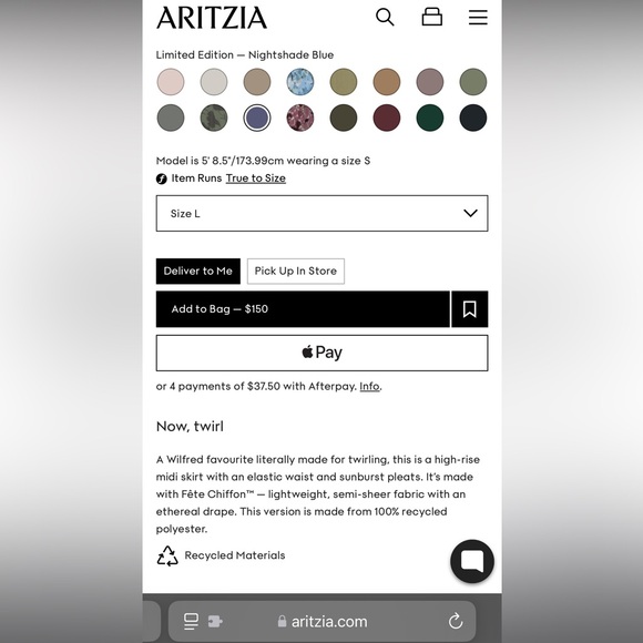 Aritzia Wilfred Twirl skirt Pleated chiffon midi skirt in Medium/ Royal blue - Picture 7 of 8